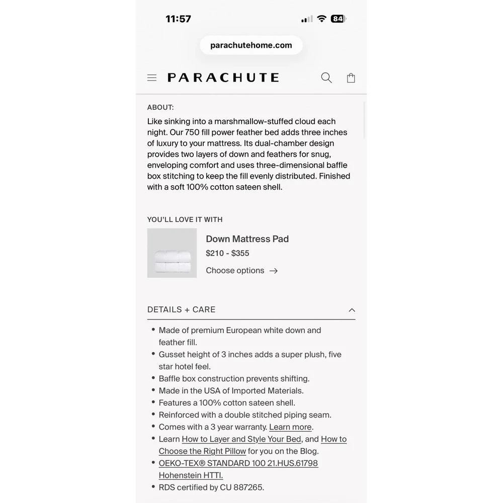 Parachute King Down Mattress Topper 750 Fill Power White
